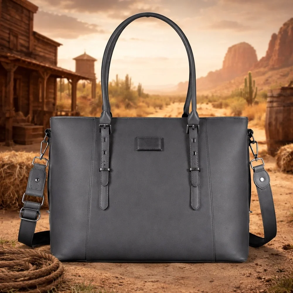Men's Gray Leather Messenger Tote Bag with Detachable Strap